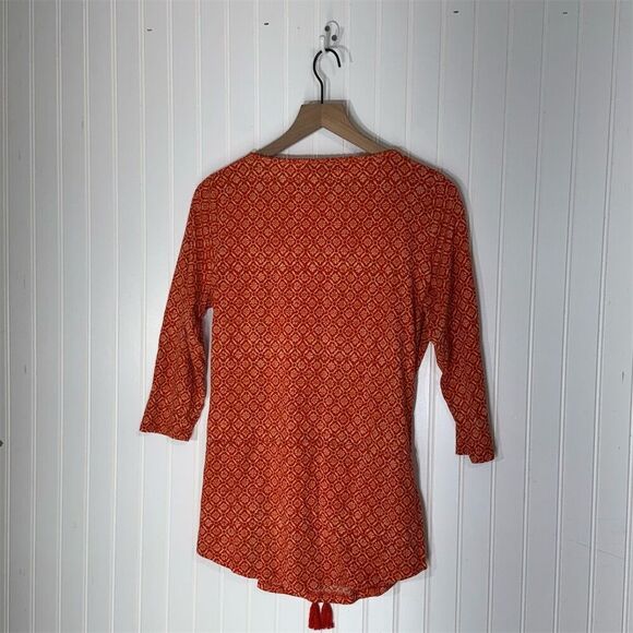 Lauren Ralph Lauren Orange Red Boho Tunic Top Belted 3/4 Sleeve Cottagecore L - Picture 2 of 6
